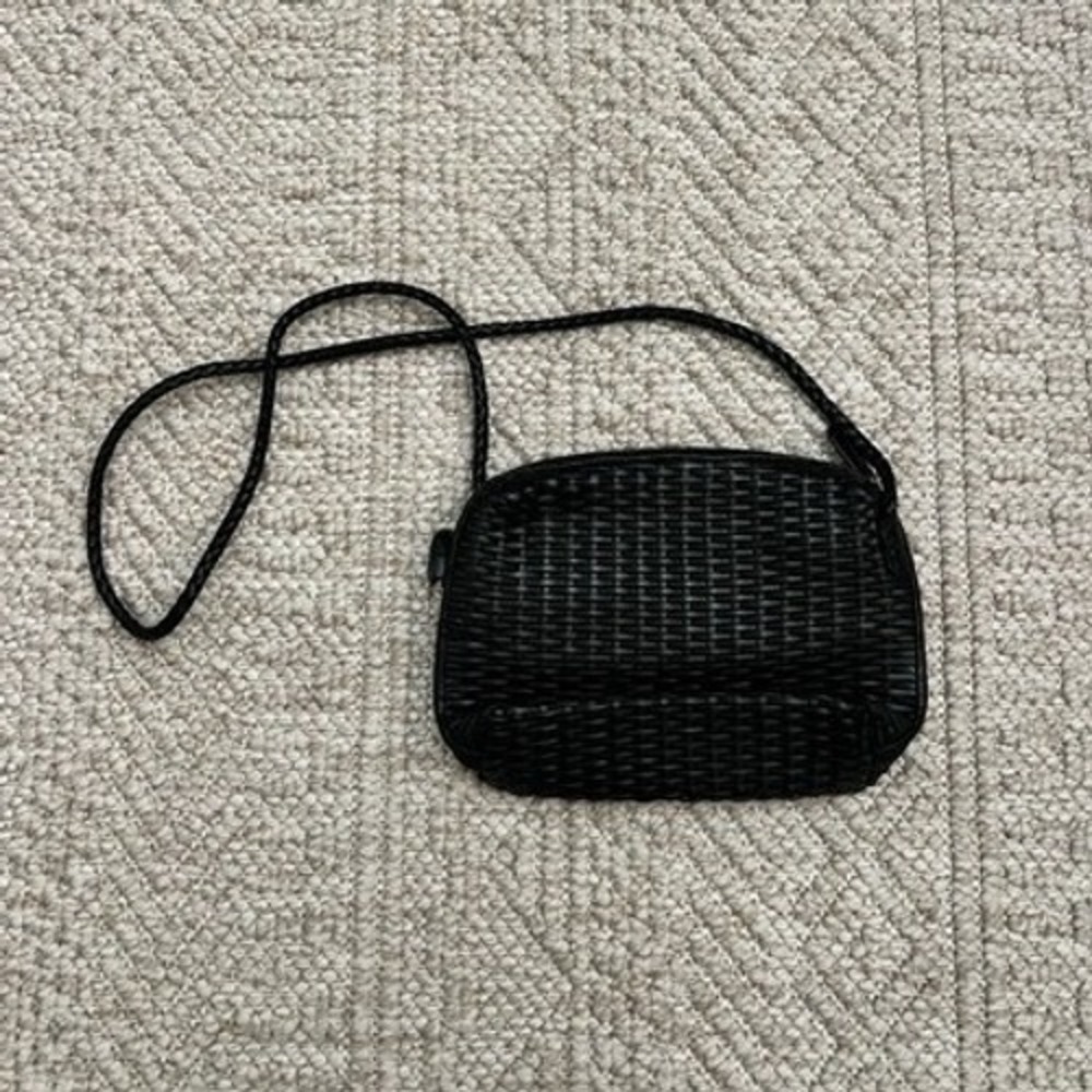 Woven Black Faux Leather Crossbody Bag Braided Strap Small Purse